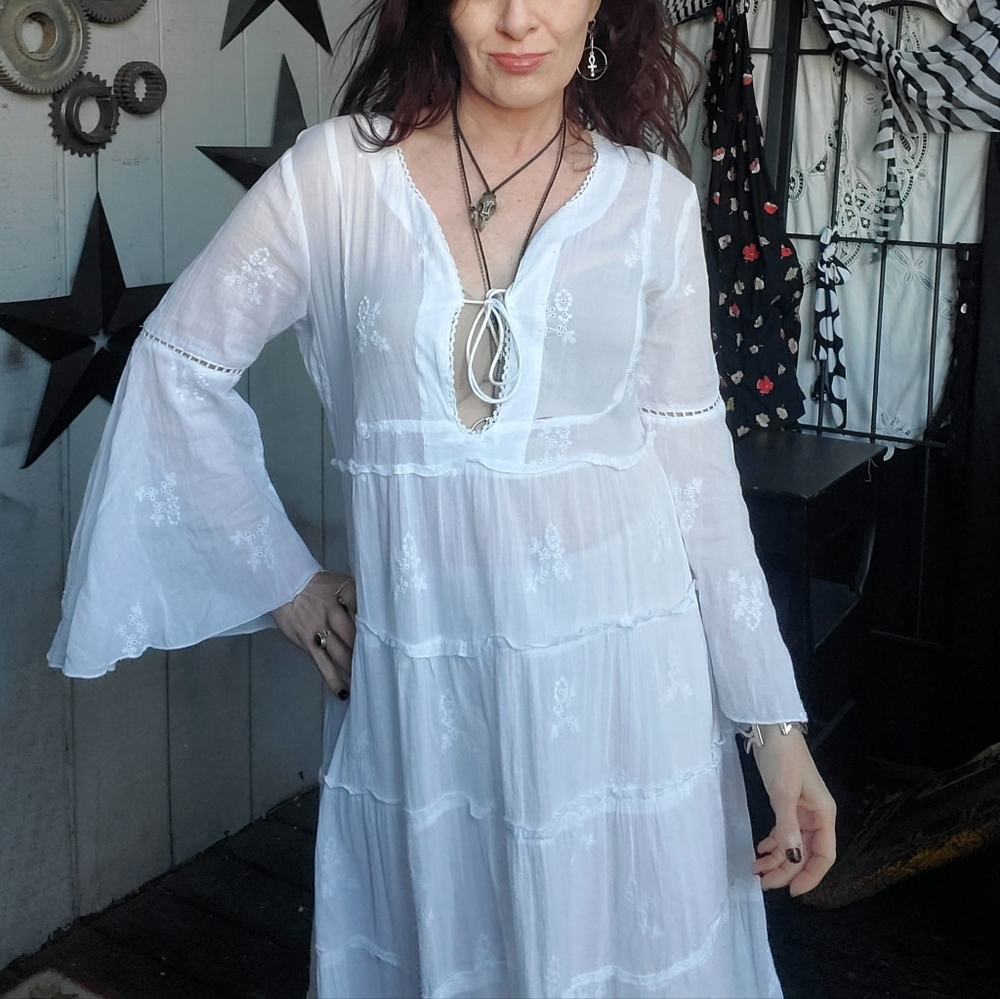 ZL Europe White beach Boho festival bell sleeve maxidress cover up M